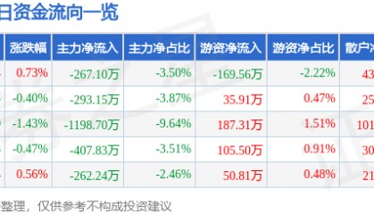 股票行情快报：电科芯片（600877）8月4日主力资金净卖出267.10万元