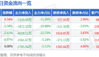 股票行情快报：平潭发展（000592）5月26日主力资金净卖出1319.50万元