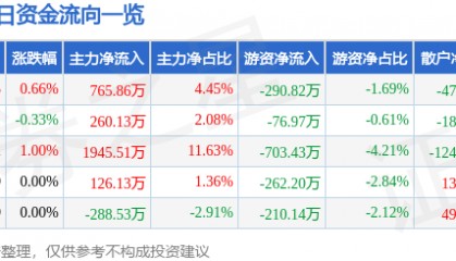 股票行情快报：平潭发展（000592）8月12日主力资金净买入765.86万元