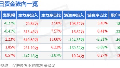 股票行情快报：亚星化学（600319）8月13日主力资金净买入79.84万元