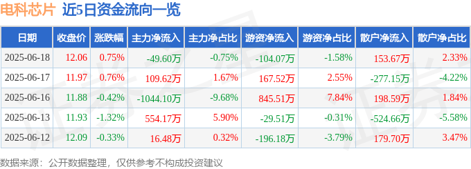 股票行情快报：电科芯片（600877）6月18日主力资金净卖出49.60万元