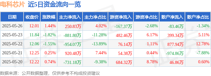 股票行情快报：电科芯片（600877）5月26日主力资金净买入250.83万元