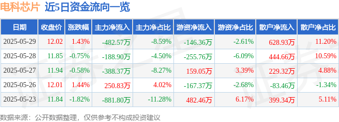 股票行情快报：电科芯片（600877）5月29日主力资金净卖出482.57万元