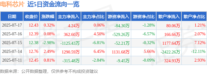 股票行情快报：电科芯片（600877）7月17日主力资金净买入4.24万元